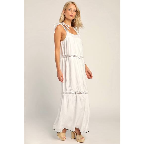 LULUS NEW Angelic Essence White Lace Jacquard Tie-Strap Tiered White Dress – Med - Picture 3 of 8